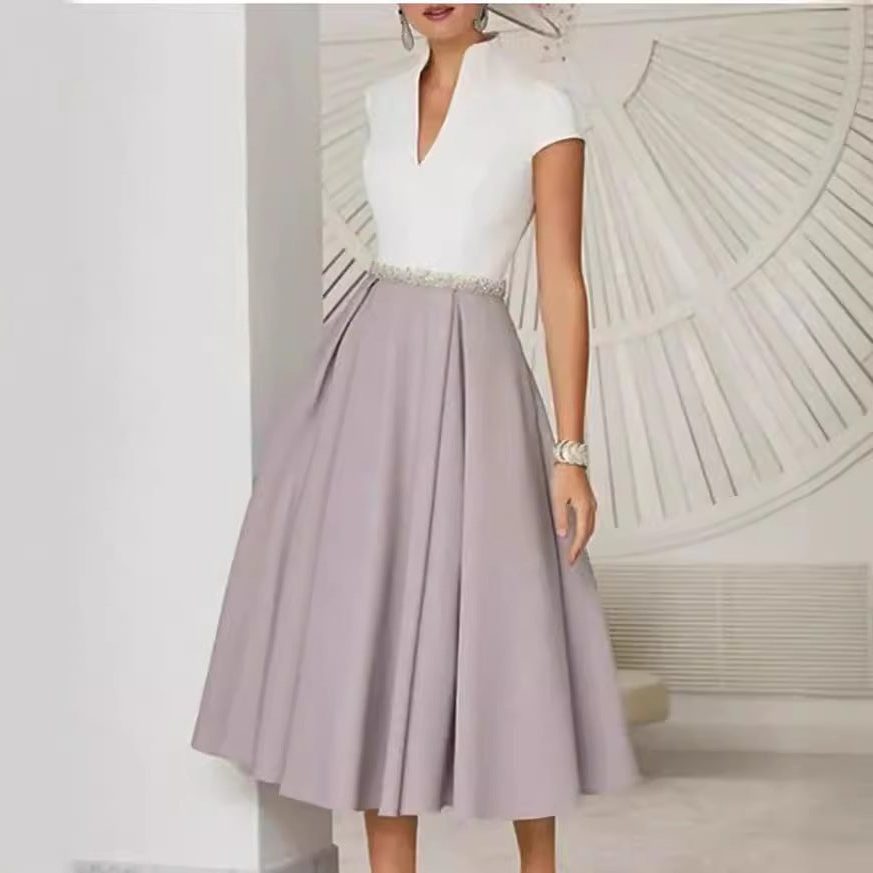 Robe Mi-Longue Évasée avec Col V pour Femme