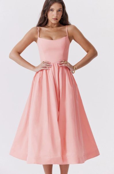 Robe Mi-Longue Évasée avec Lacet Dos pour Femme - Rose Vif