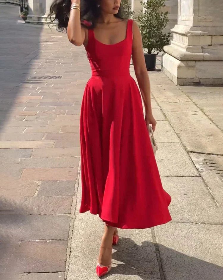 Robe Mi-Longue Évasée sans Manches pour Femme - Rouge