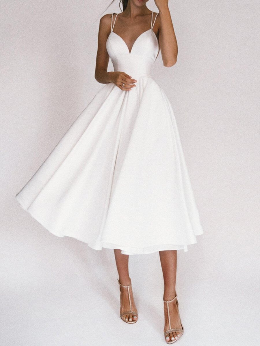 Robe Midi avec Col V et Bretelles Fines pour Femme - Blanc