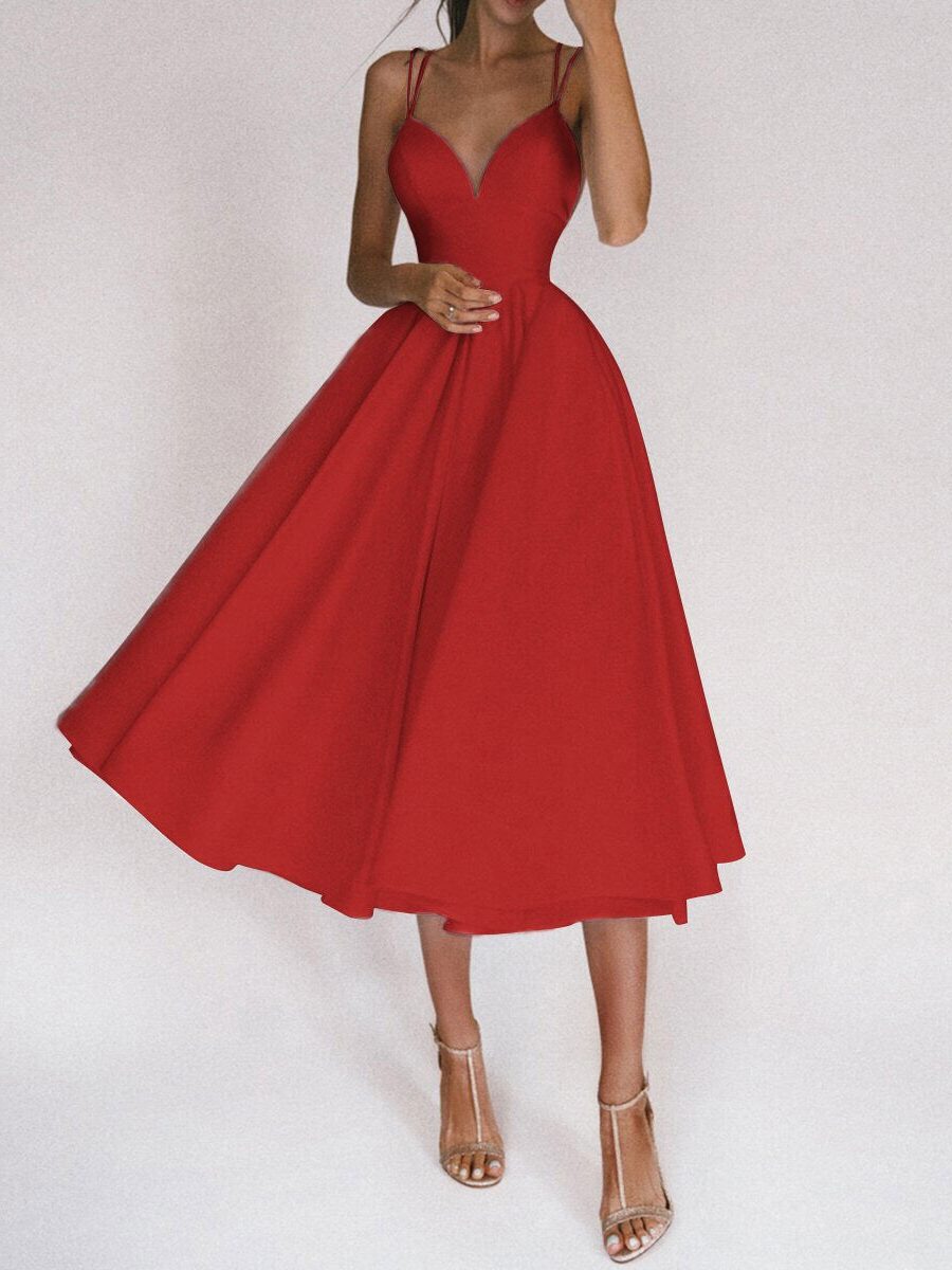 Robe Midi avec Col V et Bretelles Fines pour Femme - Rouge