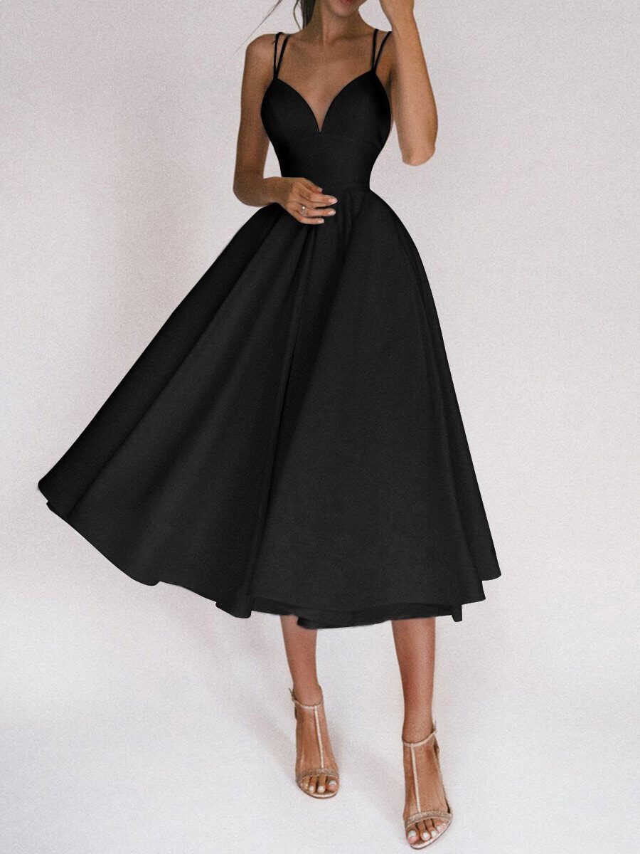 Robe Midi avec Col V et Bretelles Fines pour Femme - Noir