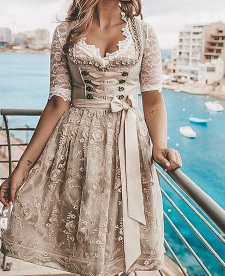 Robe Midi en Dentelle avec Corsage Boutonné pour Femme