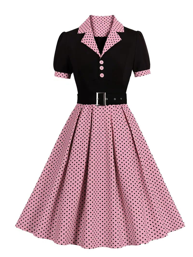 Robe Midi à Pois avec Col Chemise pour Femme - Rose