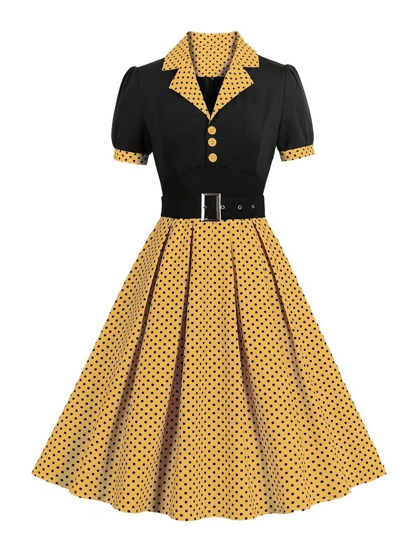 Robe Midi à Pois avec Col Chemise pour Femme - Jaune