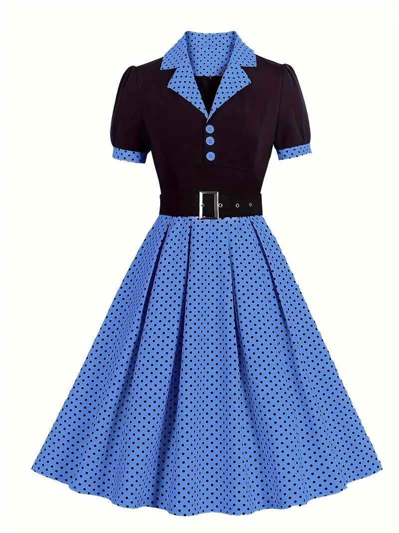 Robe Midi à Pois avec Col Chemise pour Femme - Bleu