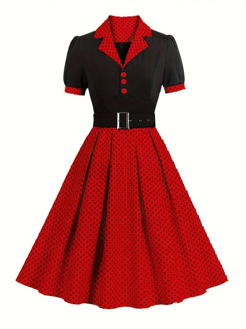 Robe Midi à Pois avec Col Chemise pour Femme - Rouge