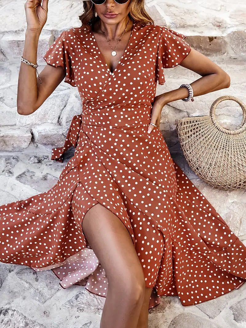 Robe Portefeuille à Pois avec Volants pour Femme - Marron clair