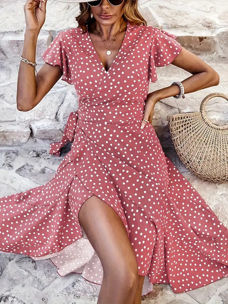 Robe Portefeuille à Pois avec Volants pour Femme - Rose