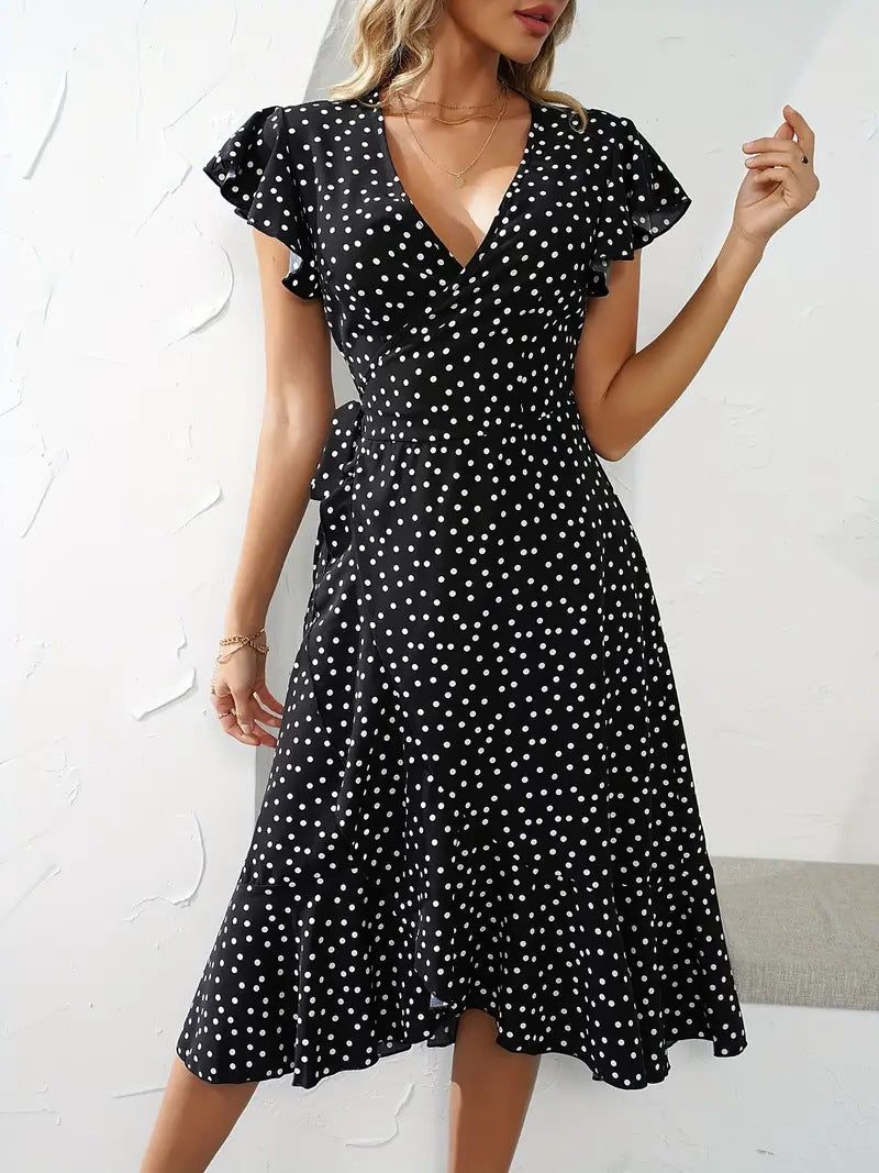 Robe Portefeuille à Pois avec Volants pour Femme - Noir