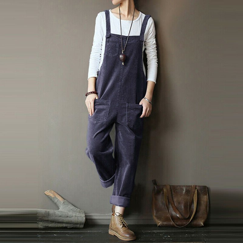Salopette Large en Velours Côtelé pour Femme - Bleu marine