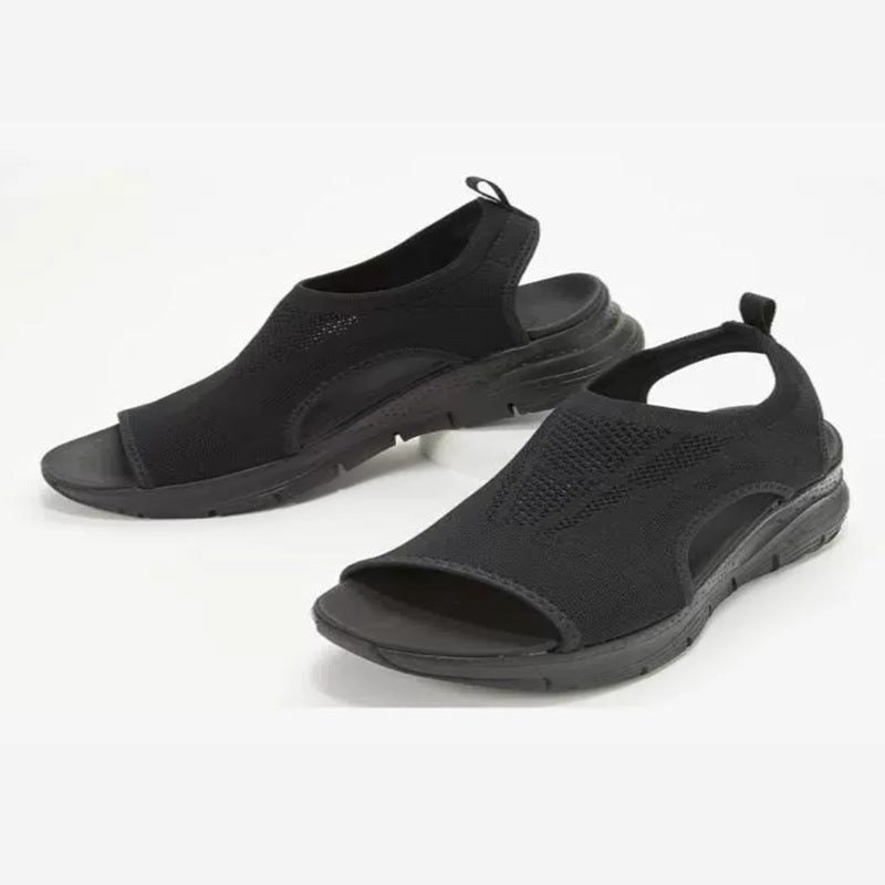 Sandales à Bout Ouvert Tricotées Talon Bloc pour Femme - Noir