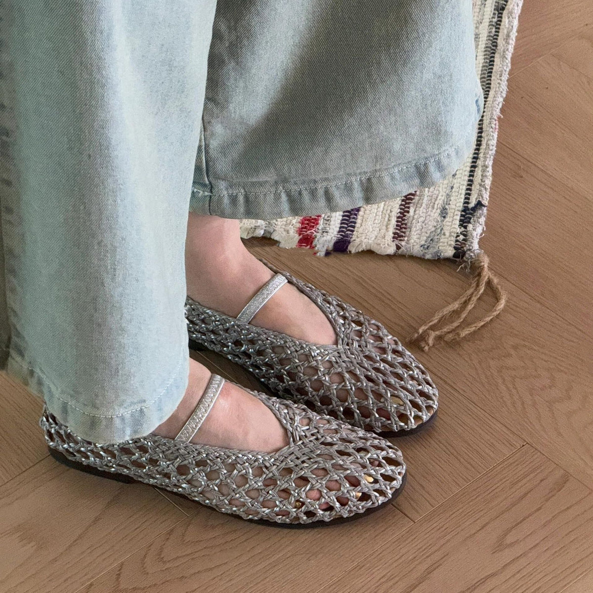 Sandales Tissées à Talon Bloc pour Femme - Argent