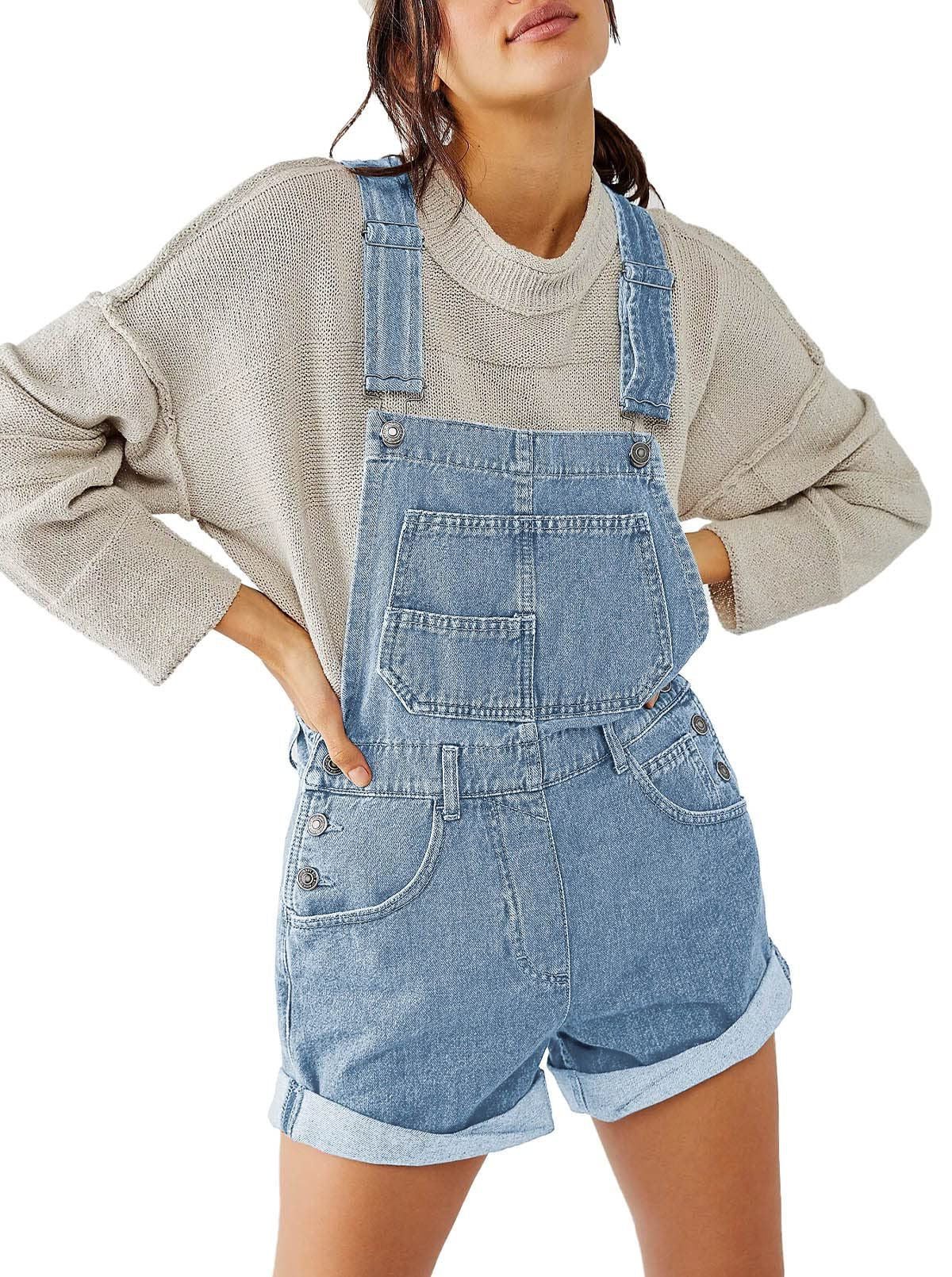 Short Denim à Bretelles Ajustables avec Poches Fonctionnelles pour Femme - Bleu clair