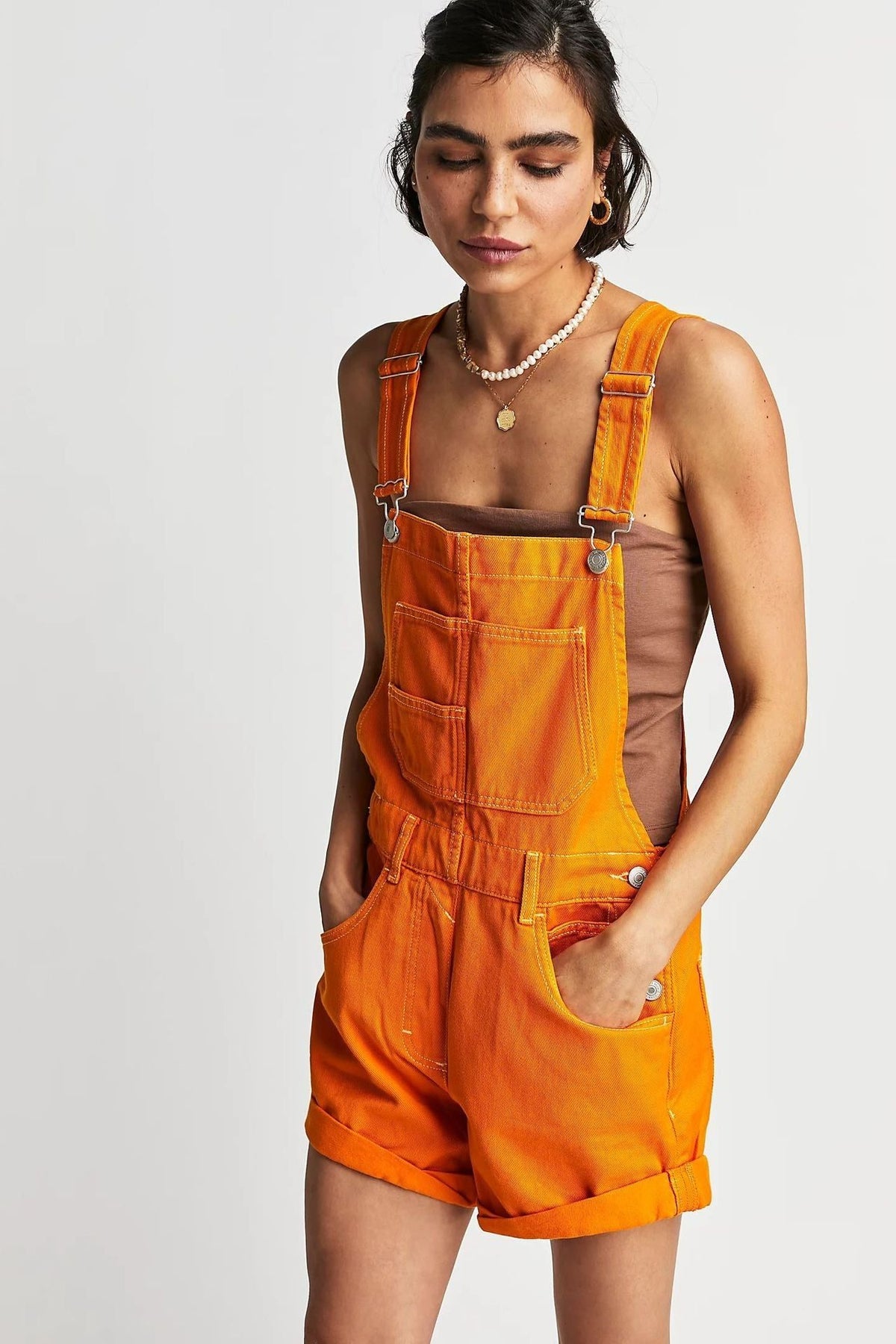 Short Denim à Bretelles Ajustables avec Poches Fonctionnelles pour Femme - Orange
