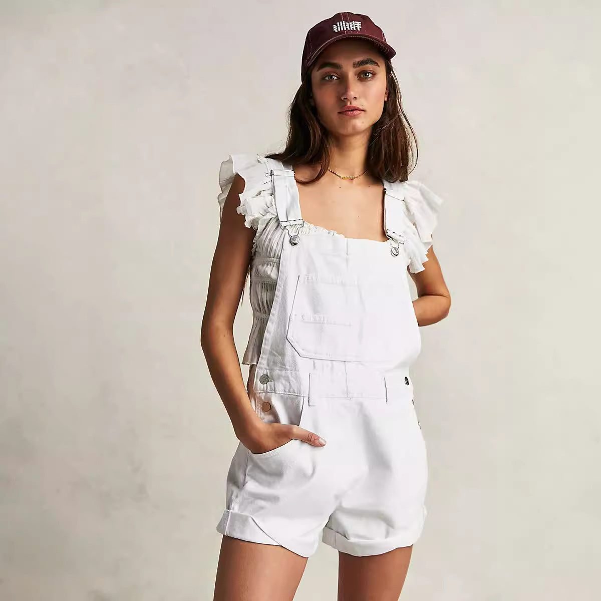 Short Denim à Bretelles Ajustables avec Poches Fonctionnelles pour Femme - View 2