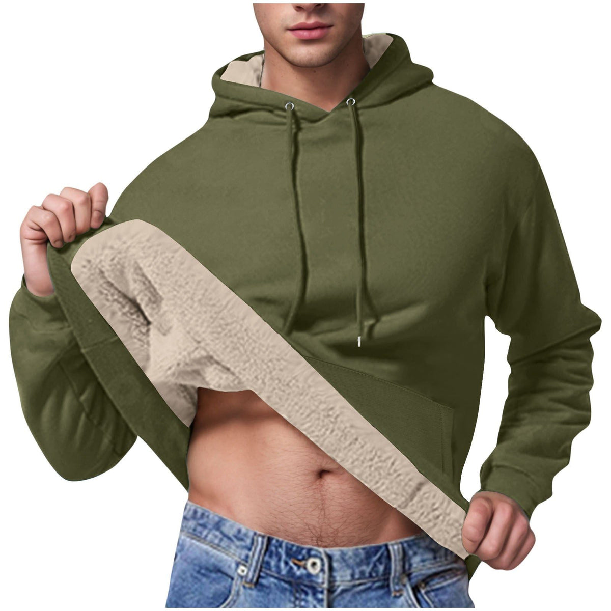 Sweat à Capuche Doublé Polaire pour Homme - Vert olive