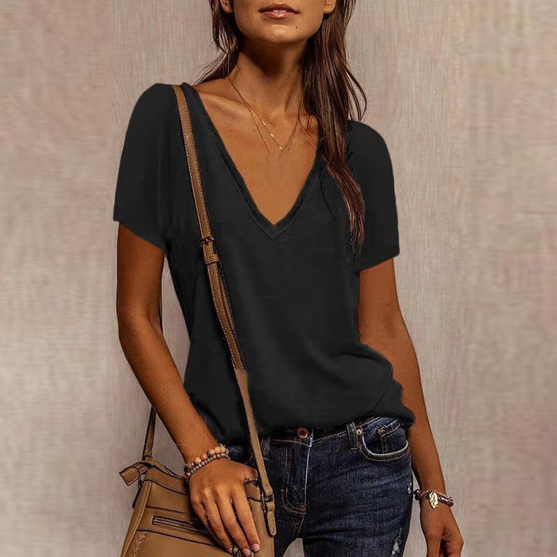 T-Shirt Col V Manches Courtes pour Femme - Noir