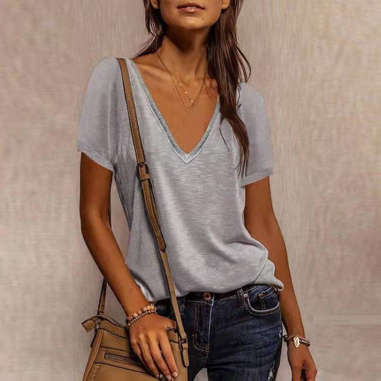 T-Shirt Col V Manches Courtes pour Femme