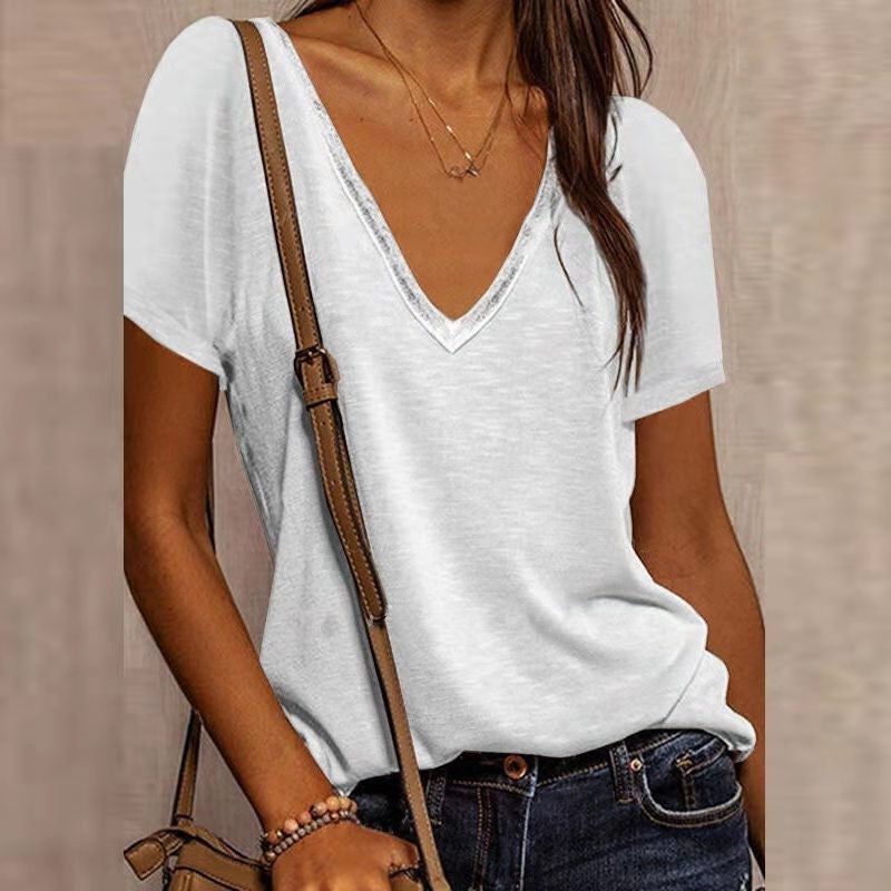 T-Shirt Col V Manches Courtes pour Femme - View 3