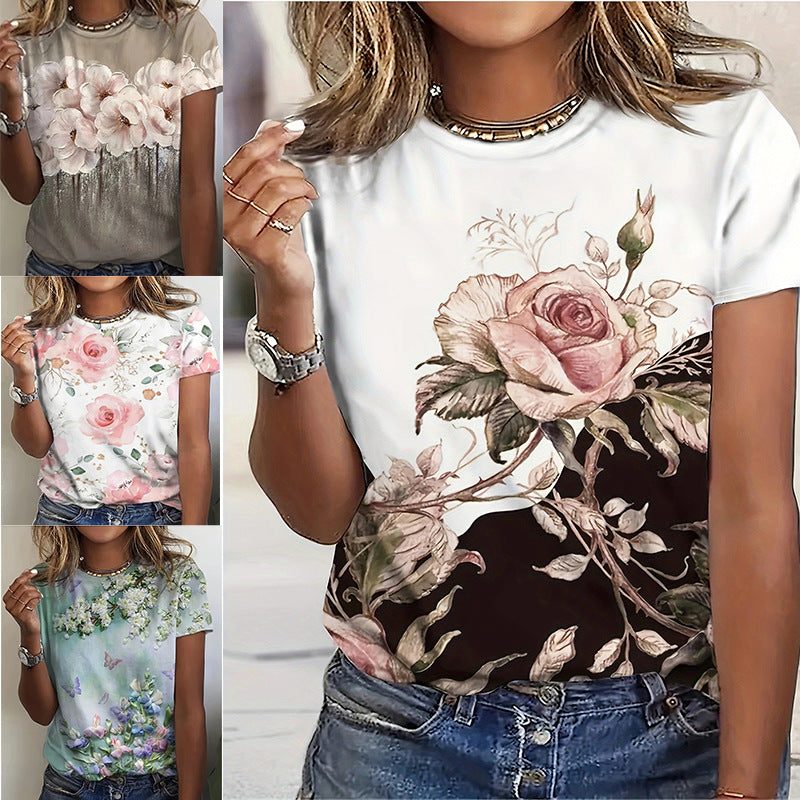 T-Shirt à Fleurs Manches Courtes pour Femme