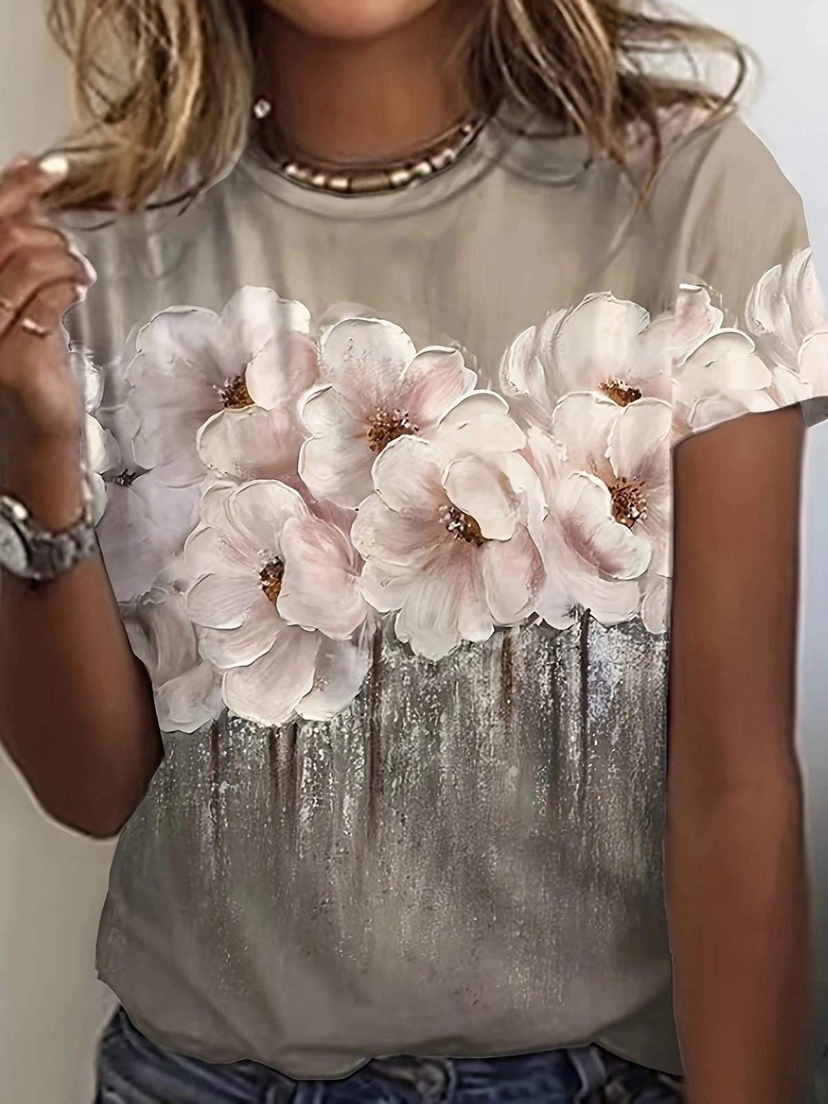 T-Shirt à Fleurs Manches Courtes pour Femme - Khaki