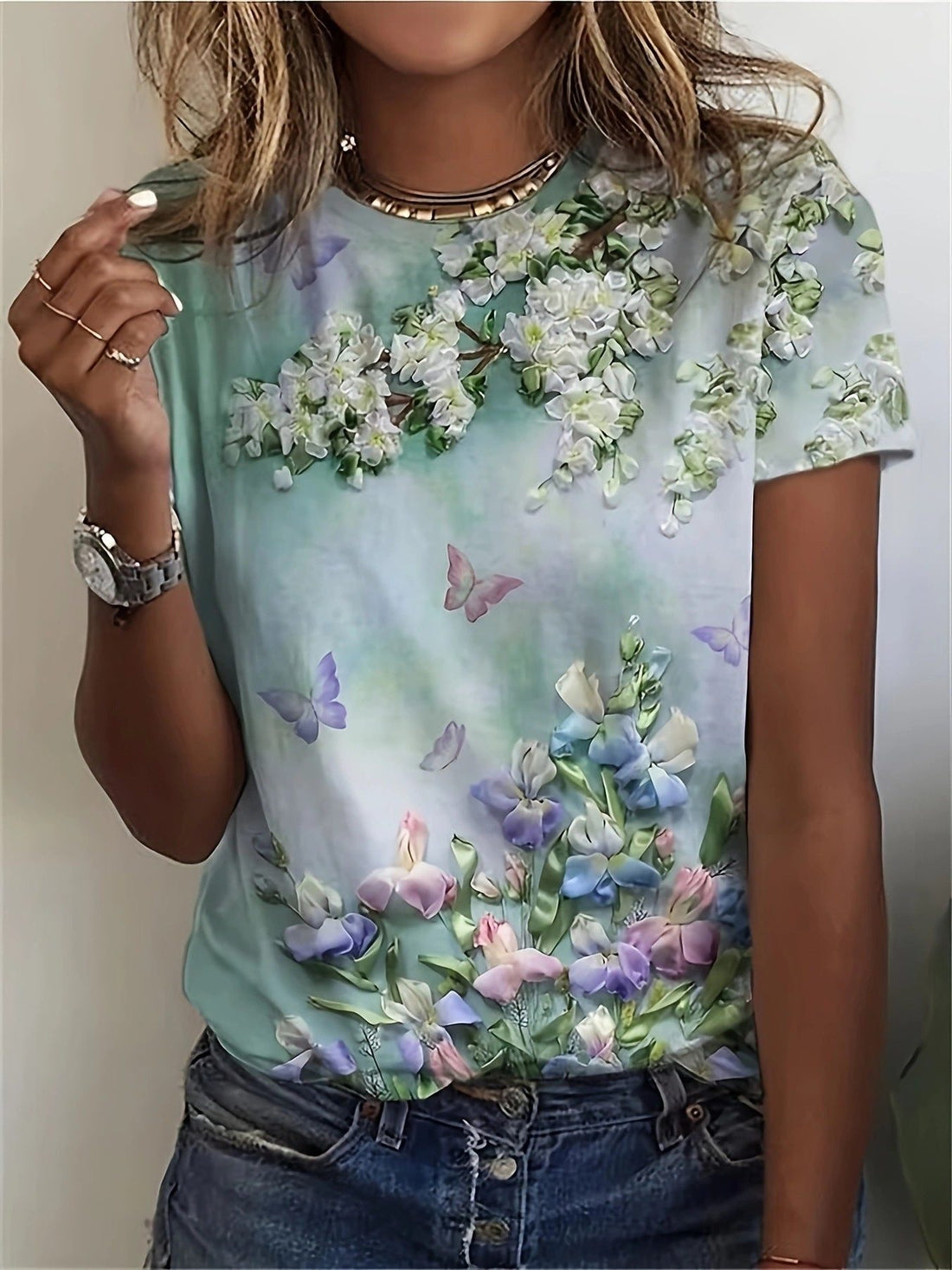 T-Shirt à Fleurs Manches Courtes pour Femme