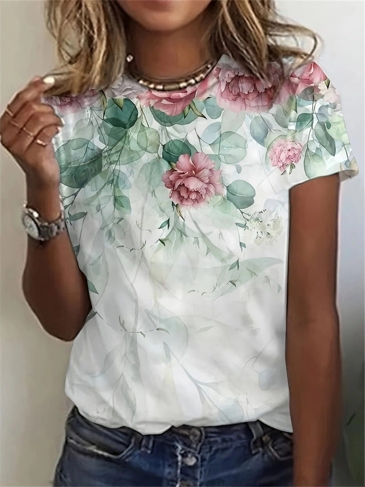 T-Shirt à Fleurs Manches Courtes pour Femme - Multicolore
