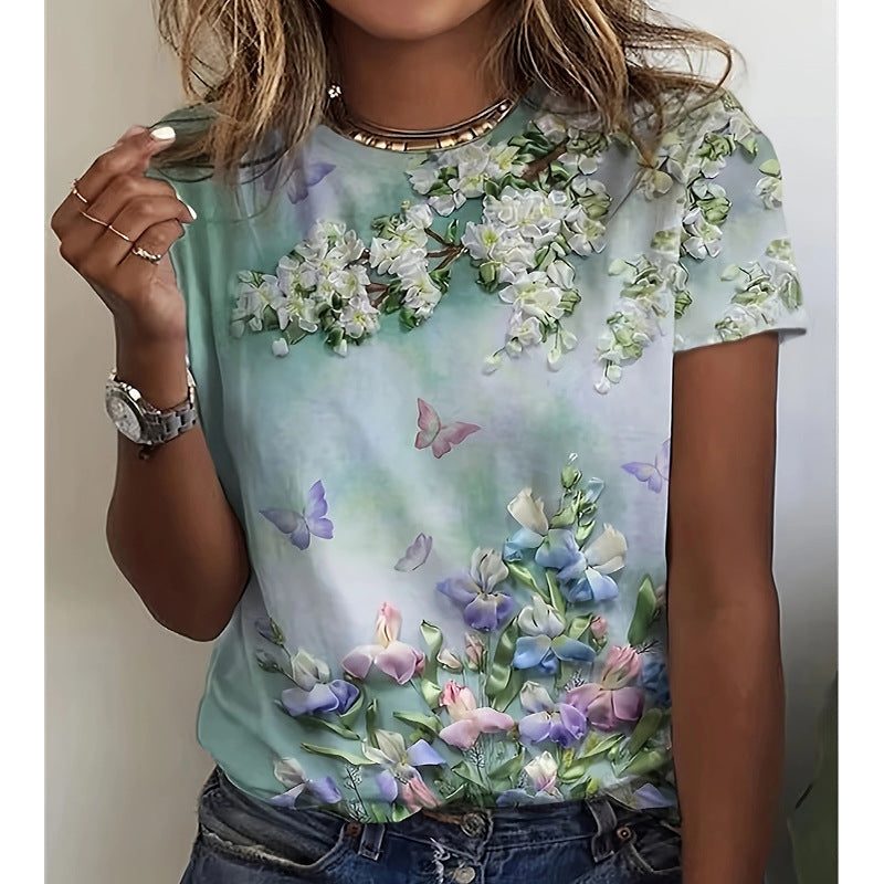 T-Shirt à Fleurs Manches Courtes pour Femme - View 5