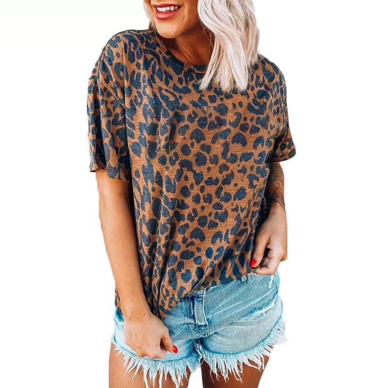 T-Shirt Imprimé Léopard à Manches Courtes pour Femme - Marron