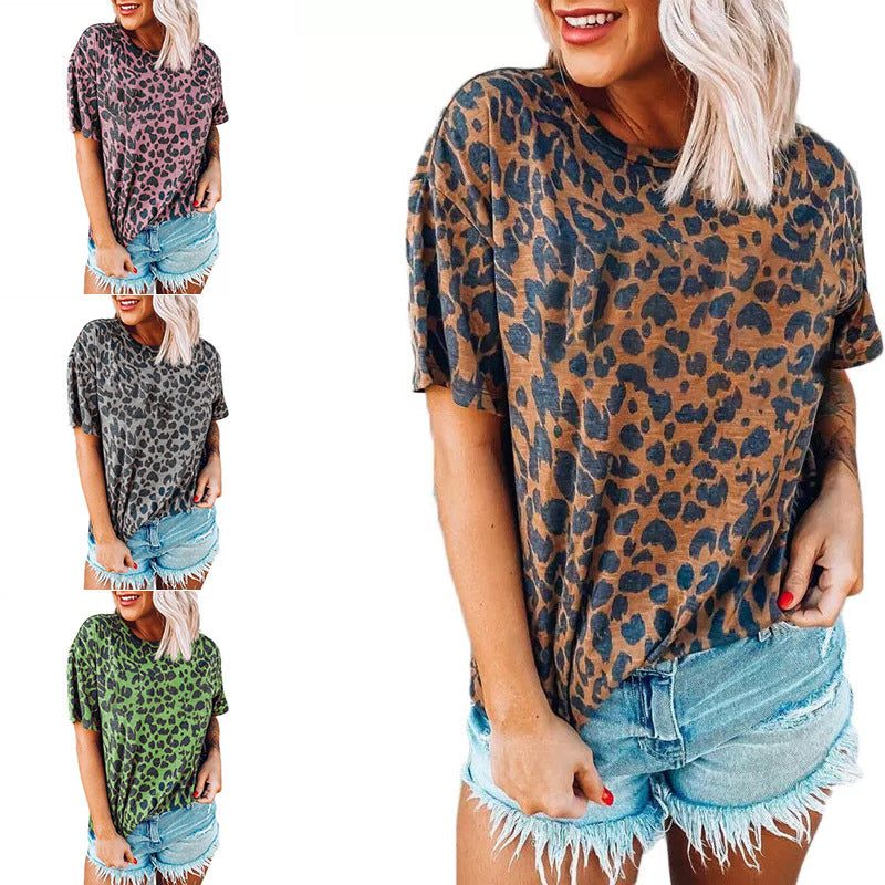 T-Shirt Imprimé Léopard à Manches Courtes pour Femme