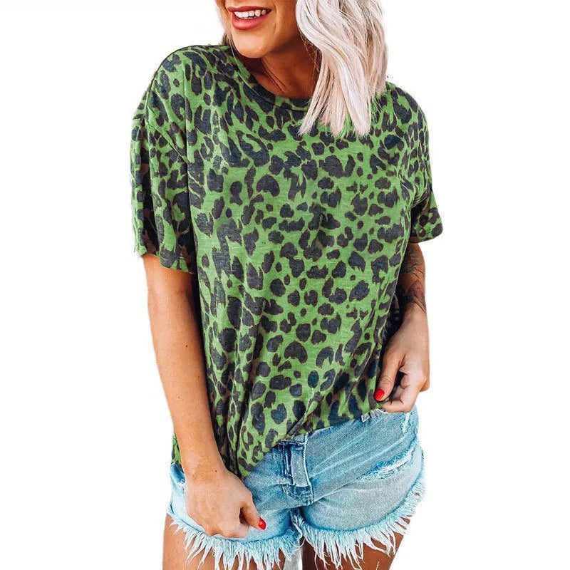 T-Shirt Imprimé Léopard à Manches Courtes pour Femme - Vert