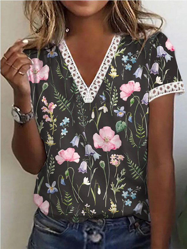 T-shirt Manches Courtes Col V Imprimé Fleurs pour Femme - Noir