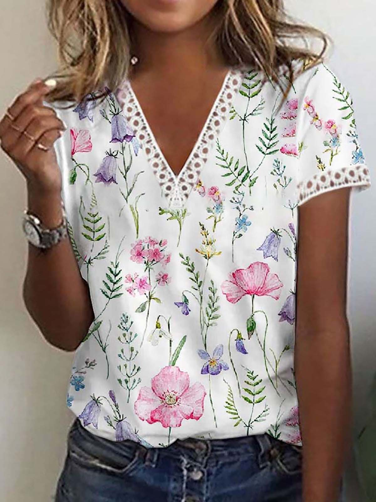 T-shirt Manches Courtes Col V Imprimé Fleurs pour Femme
