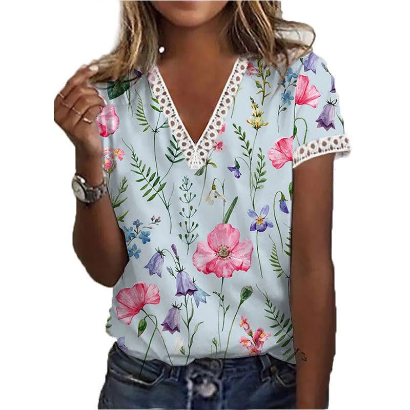 T-shirt Manches Courtes Col V Imprimé Fleurs pour Femme - Bleu