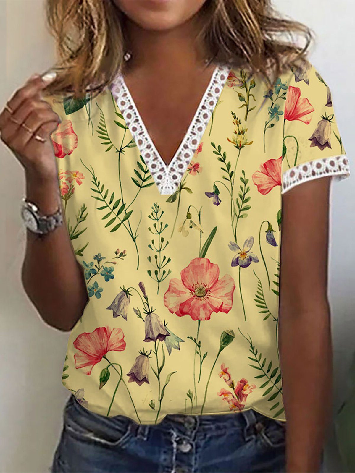 T-shirt Manches Courtes Col V Imprimé Fleurs pour Femme - Jaune