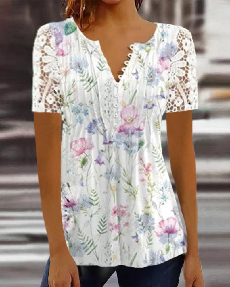 T-shirt Manches Courtes Col V Imprimé Fleurs pour Femme - View 5