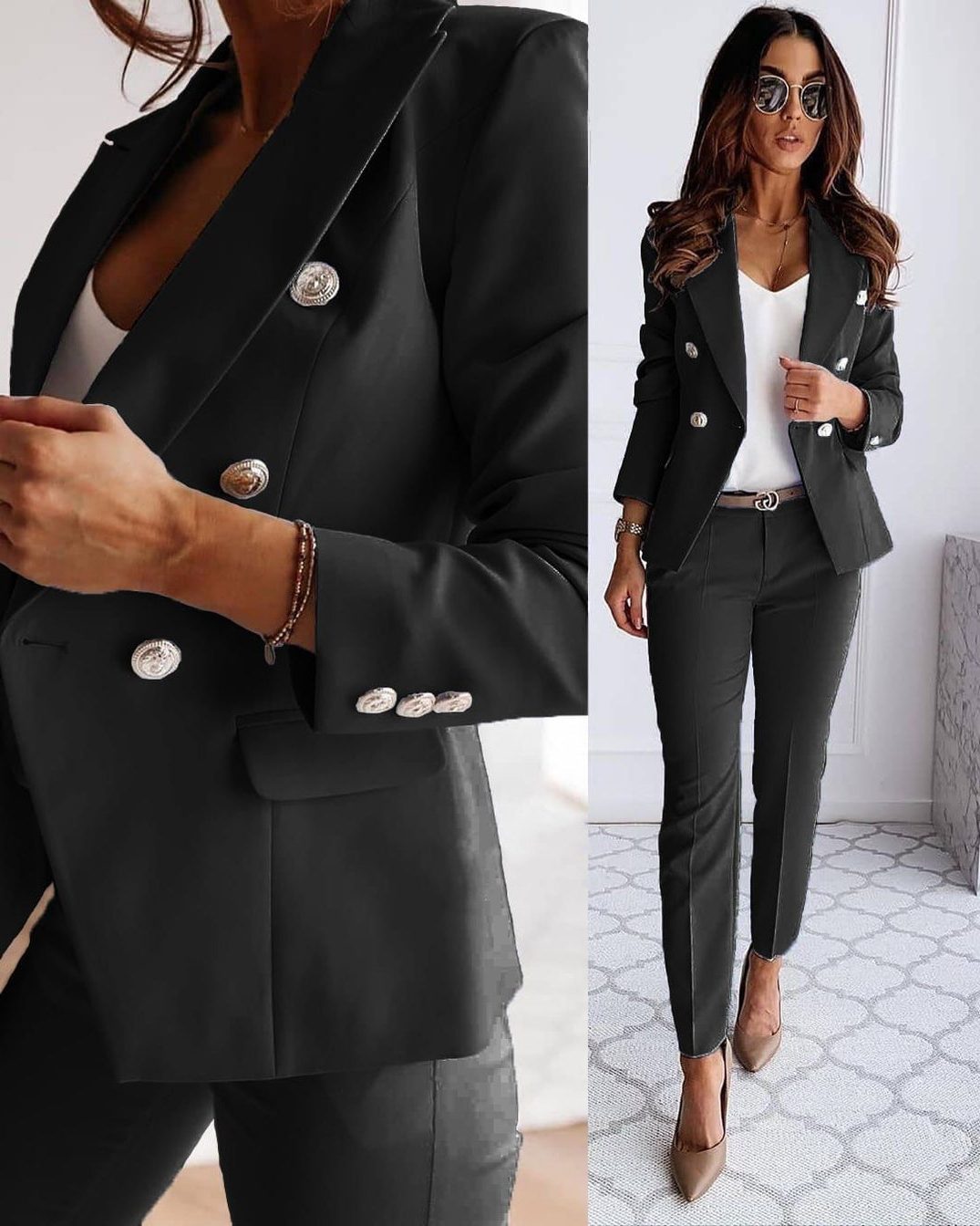Tailleur-Pantalon Double Boutonnage pour Femme - Noir