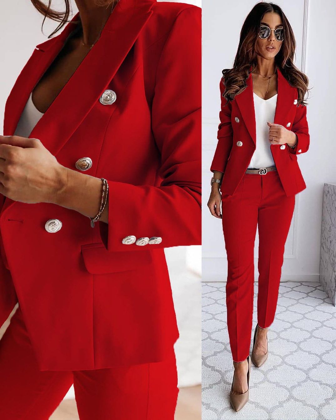 Tailleur-Pantalon Double Boutonnage pour Femme - Rouge