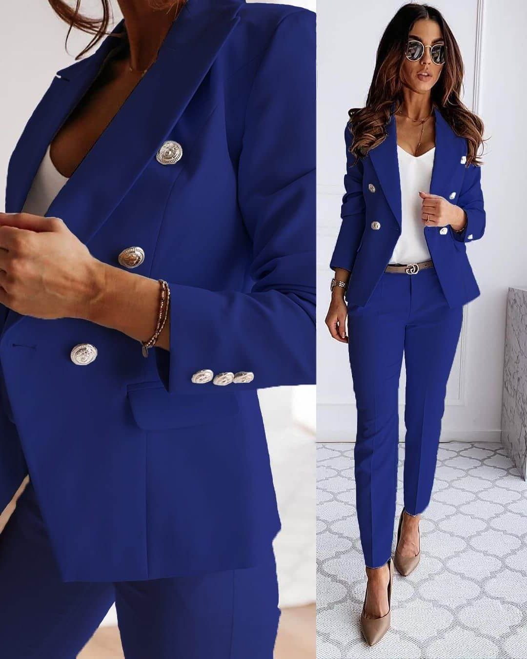 Tailleur-Pantalon Double Boutonnage pour Femme - Bleu marine