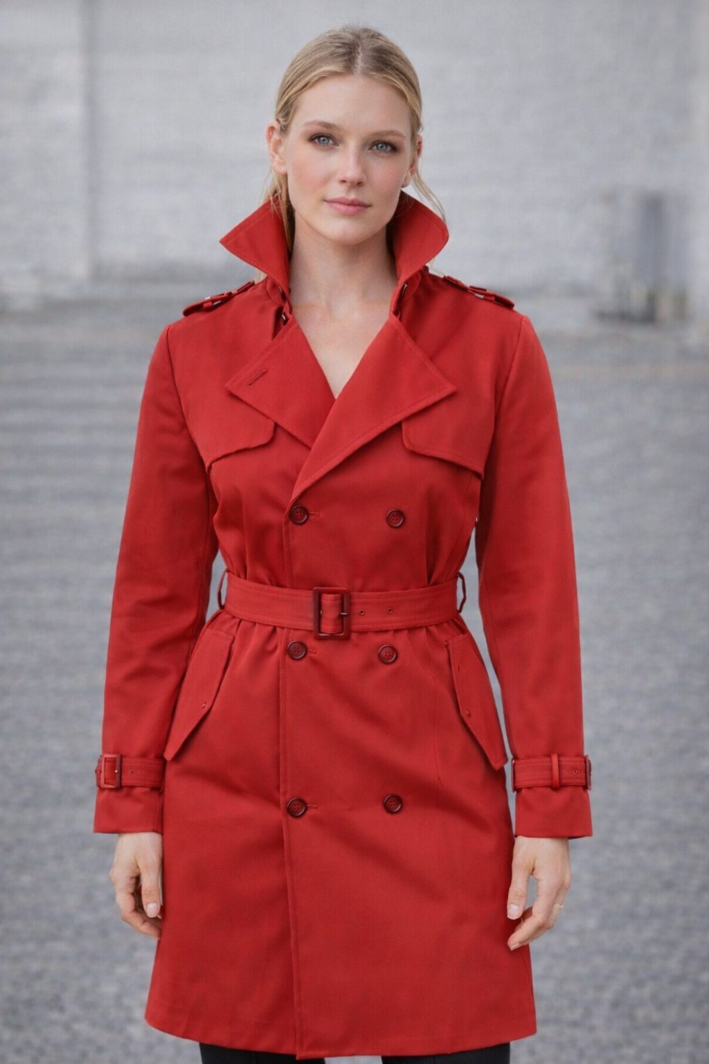 Trench-coat Ceinturé à Double Boutonnage pour Femme - Rouge