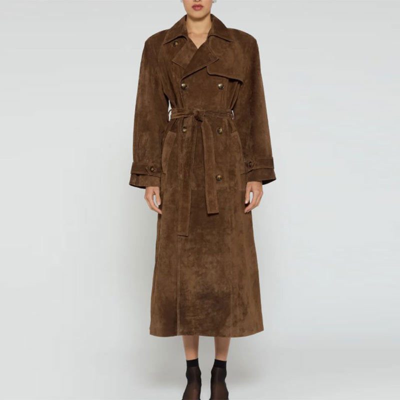 Trench Coat Ceinturé en Suède pour Femme - Marron