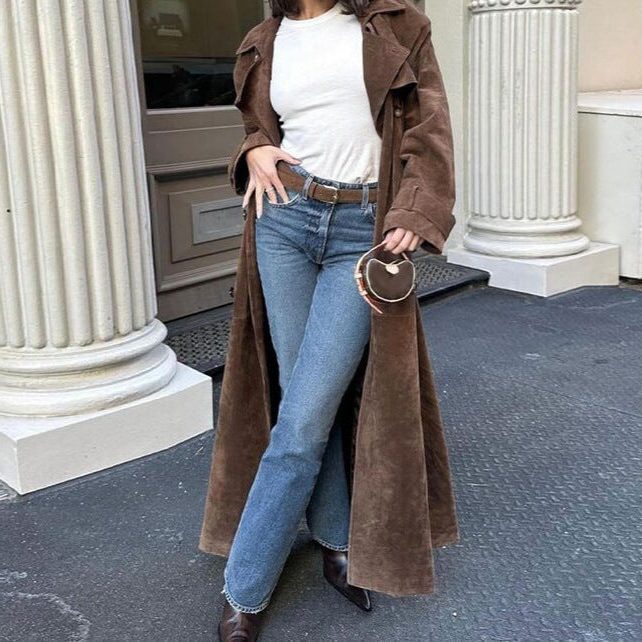Trench Coat Ceinturé en Suède pour Femme