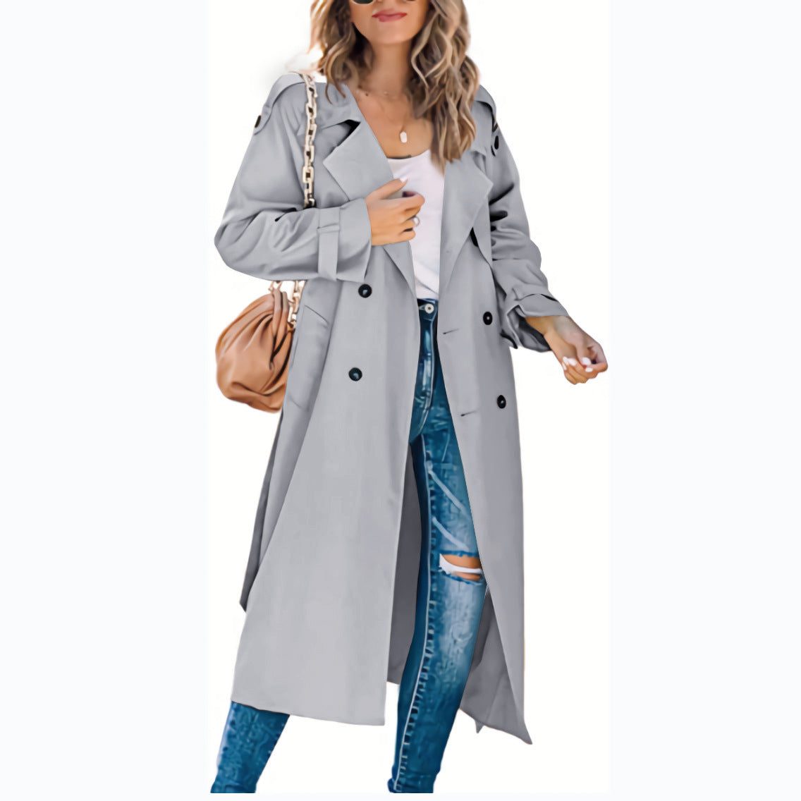 Trench Coat Double-Breasted Ceinturé pour Femme - Gris clair