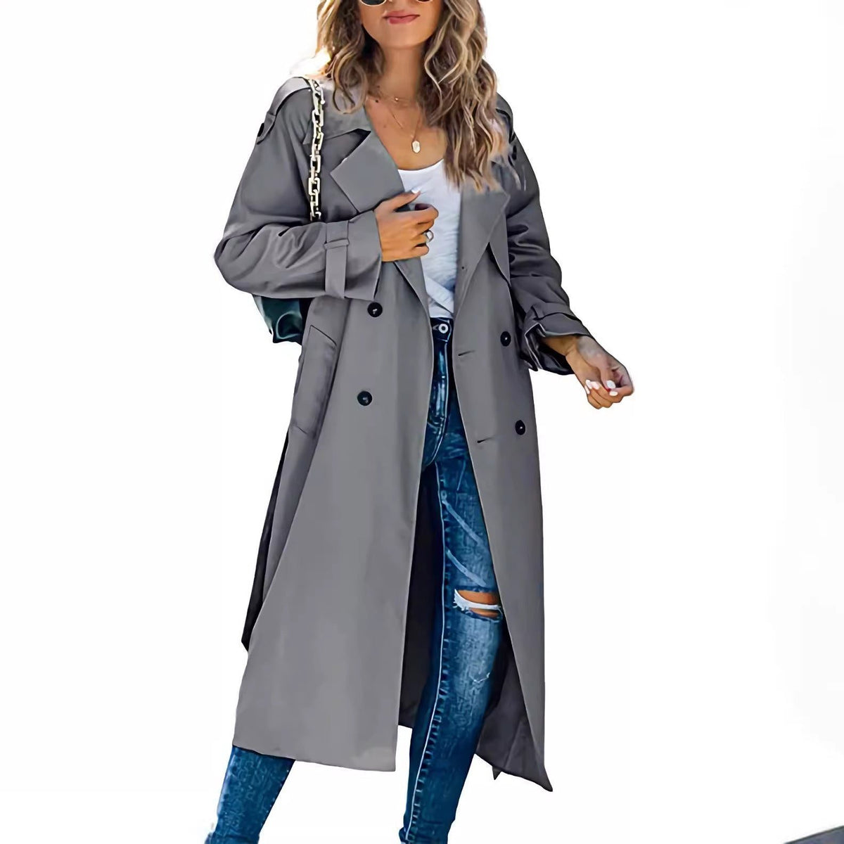 Trench Coat Double-Breasted Ceinturé pour Femme - View 4