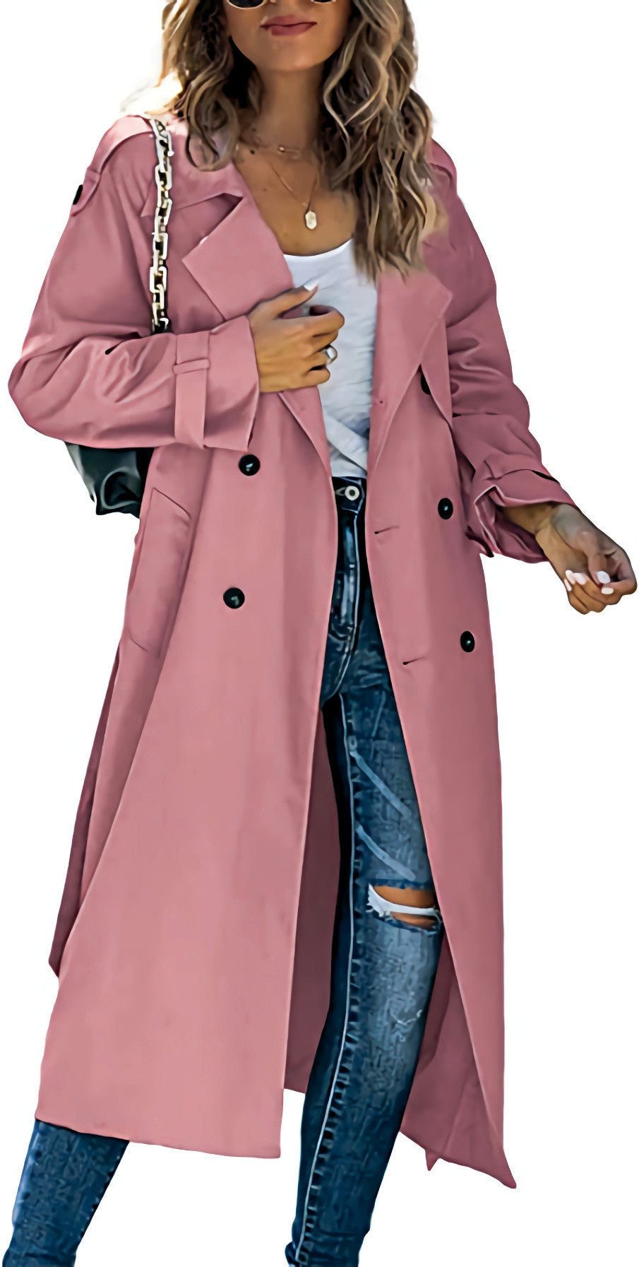 Trench Coat Double-Breasted Ceinturé pour Femme - Rose