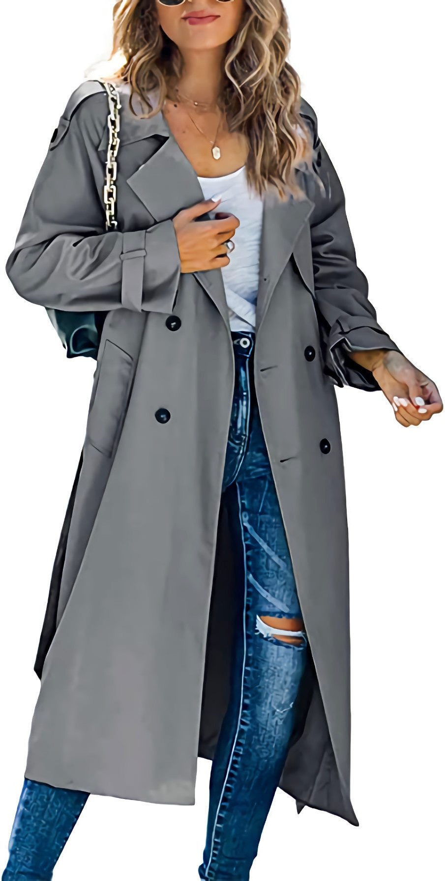 Trench Coat Double-Breasted Ceinturé pour Femme - Gris foncé