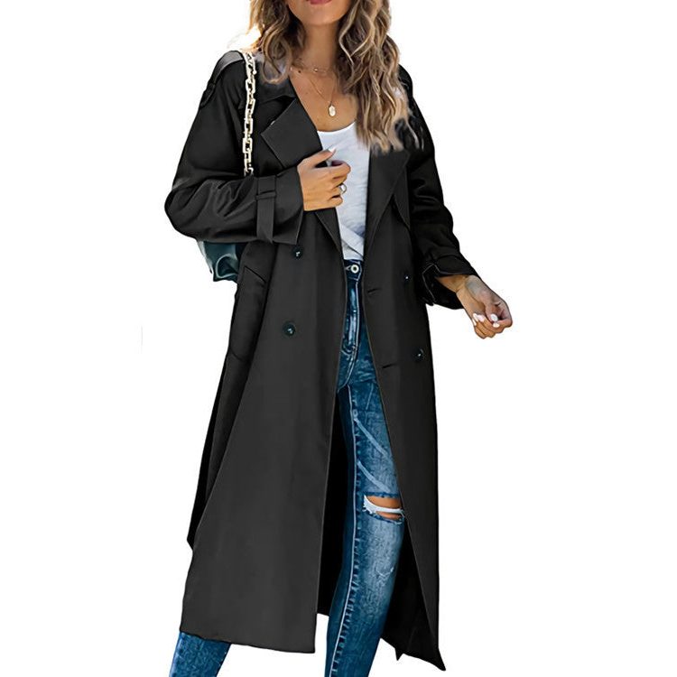 Trench Coat Double-Breasted Ceinturé pour Femme - Noir