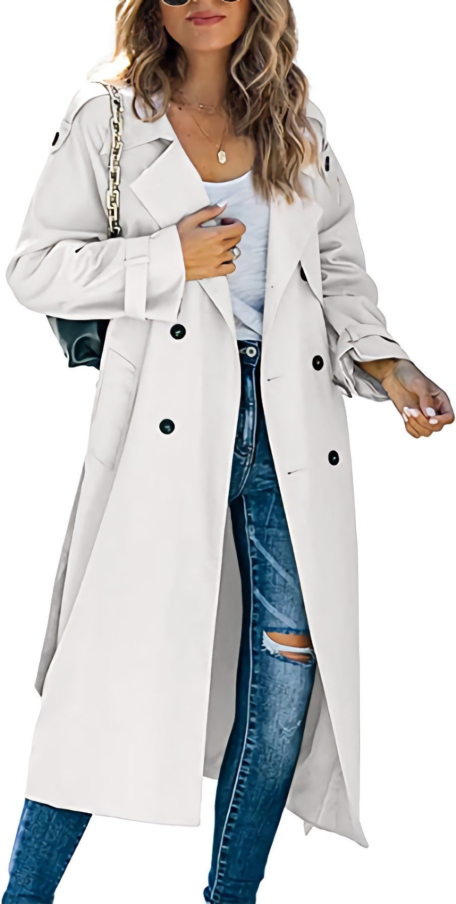 Trench Coat Double-Breasted Ceinturé pour Femme - Blanc