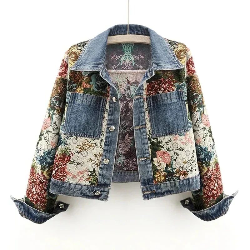 Veste Courte à Fleurs avec Col Denim pour Femme - Bleu marine